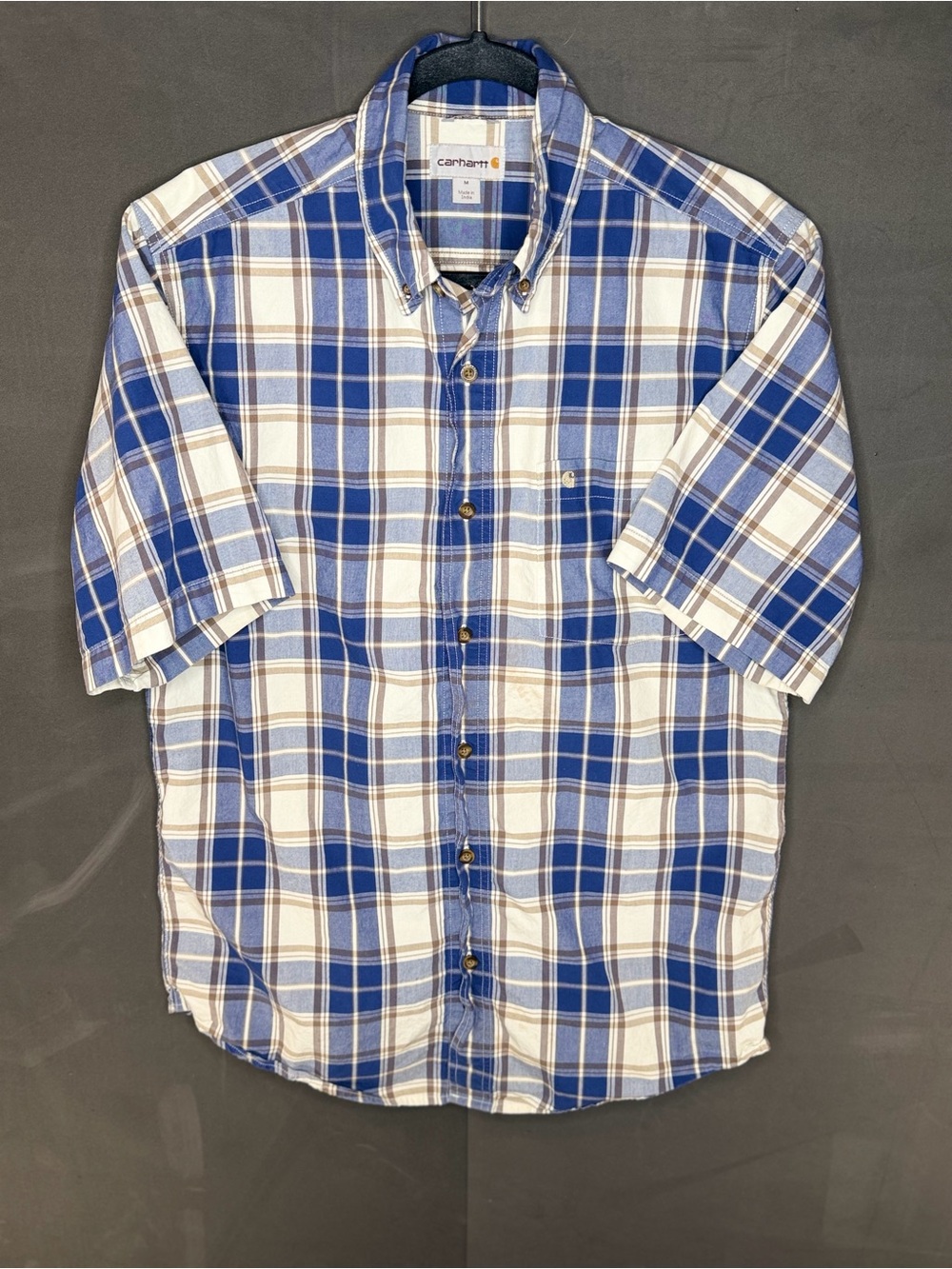 Carhartt Casual Button-Down Shirt Men's Blue White Plaid Med 100% Cotton Shirt